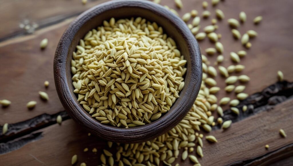 a close up image of ajwain (carom seeds) in a wooden bowl with some seeds scattered around on a rustic kitchen background. natural lighting, earthy tones, indian spice concept, top view or flat lay.