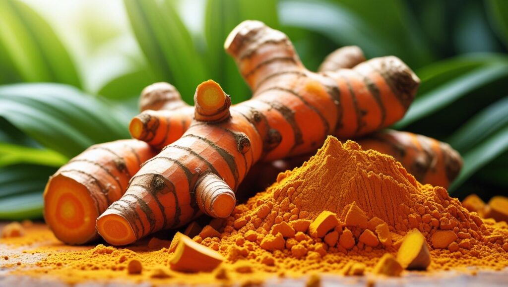 Turmeric fresh turmeric roots and turmeric powder , with green leaves in the background, bright and natural lighting, ayurvedic and herbal theme, high quality, close up view.